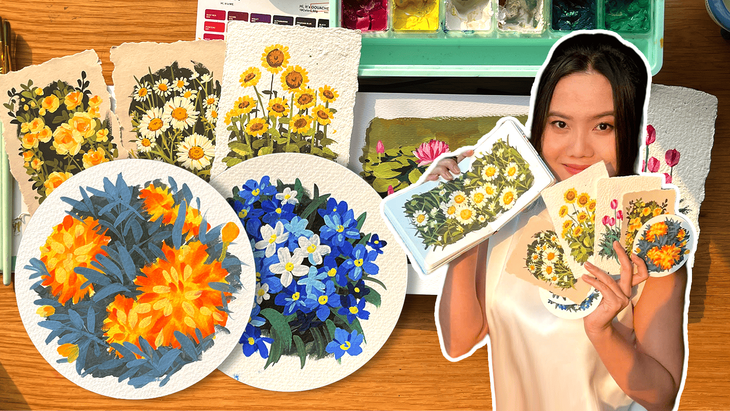 Gouache 02: Vẽ hoa bằng màu gouache trên giấy xé thủ công
