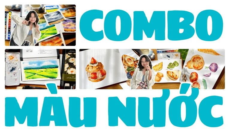 Combo 2 khóa học vẽ màu nước cơ bản chủ đề phong cảnh và đồ ăn