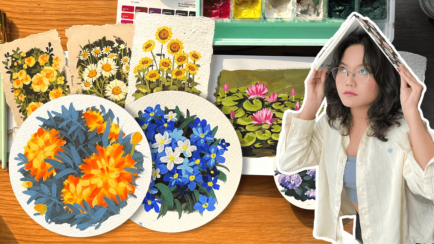 Gouache 02: Vẽ hoa bằng màu gouache trên giấy xé thủ công